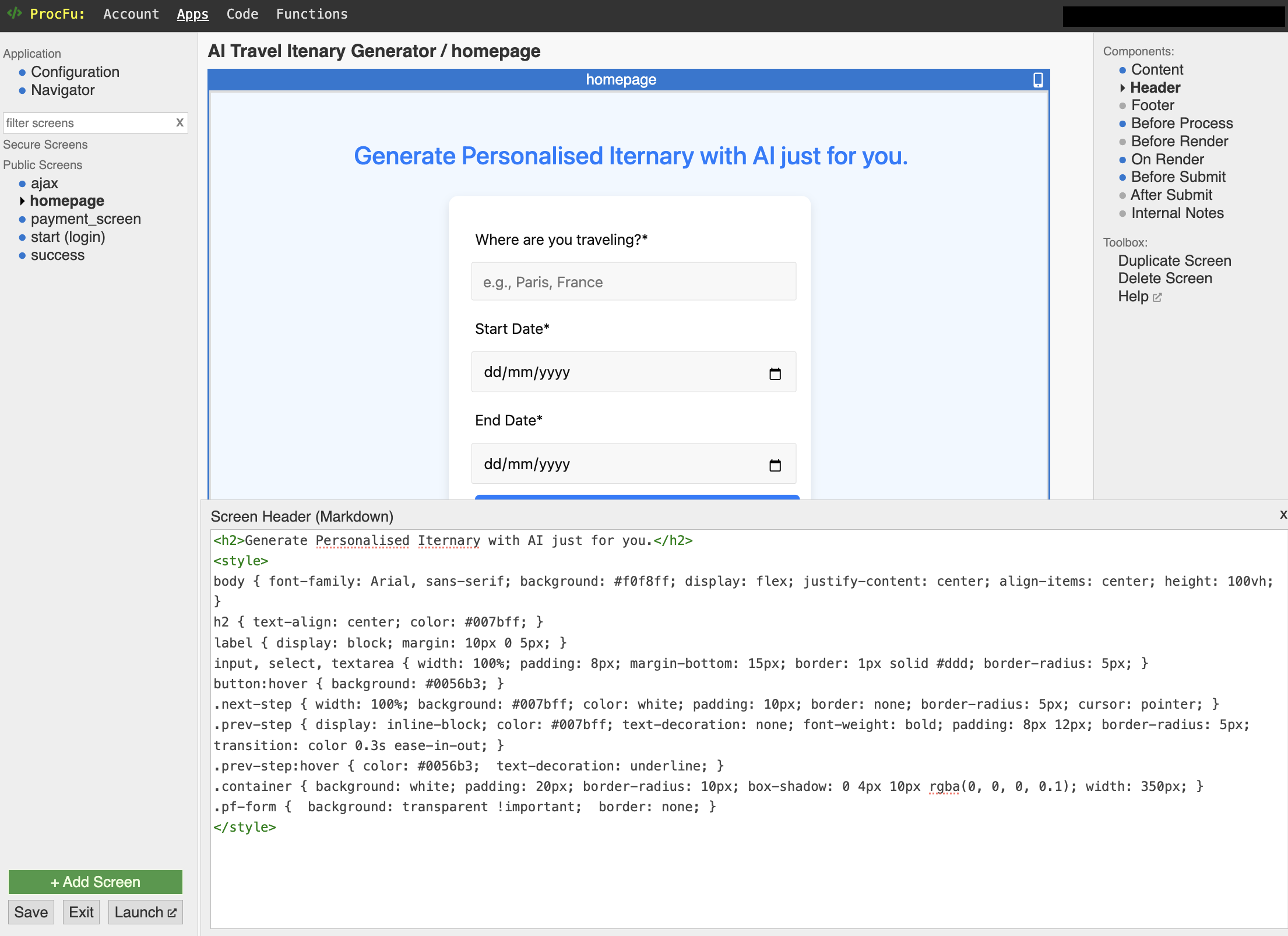 Header section of the homepage with the code to style