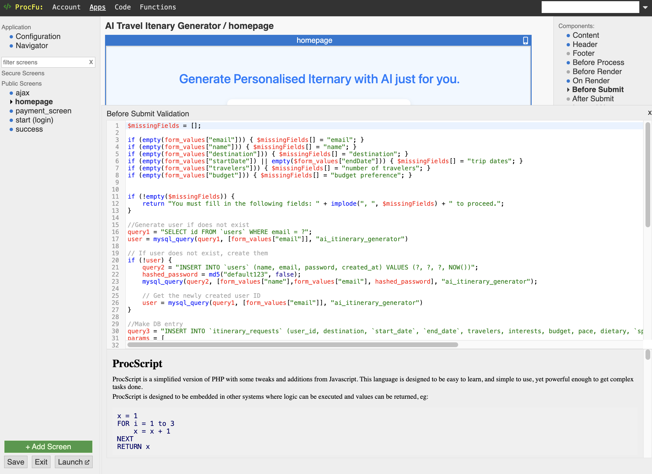 Before Submit section of the home page - Part 1 of the code