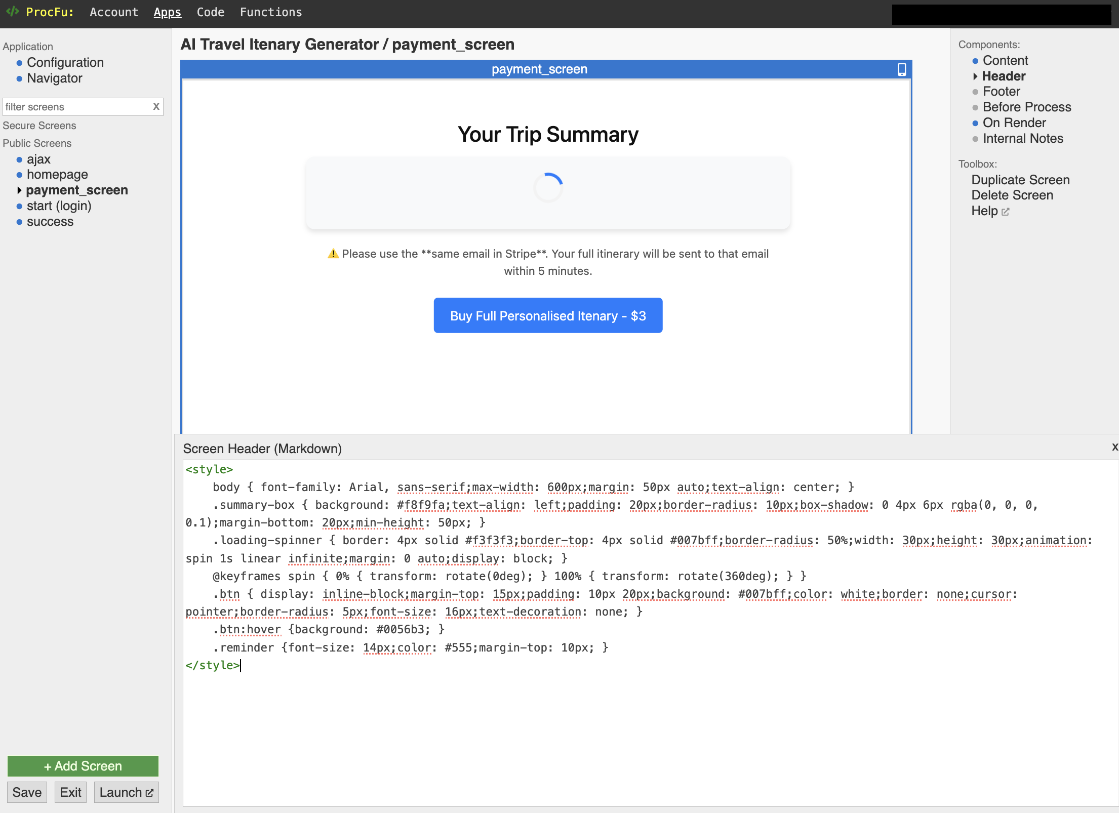 Header section of the payment page with the code to style